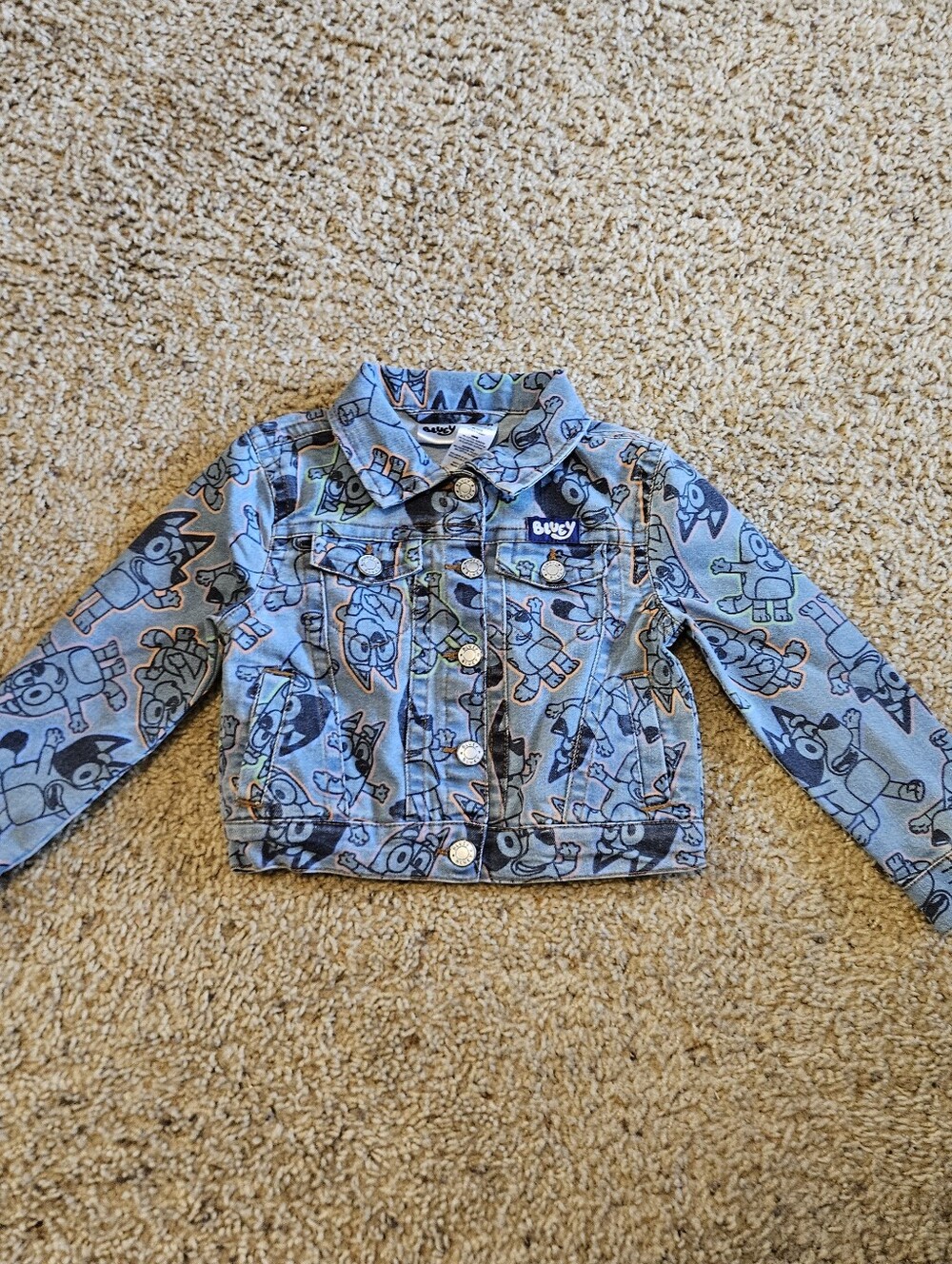 Bluey Kids' Blue Denim Jacket with All-Over Character Print - Bluey Size 3T